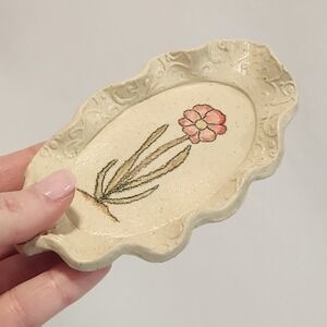 Studio Pottery AG Signed Ceramic Trinket Dish Pink Flower Scalloped Cream 5"